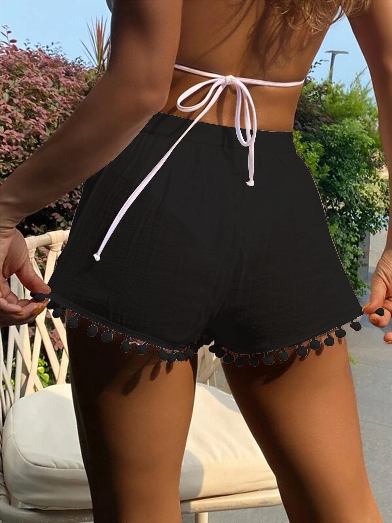 1pc Black Pom Pom Decor Beach Cover Up Short - Black - View 1