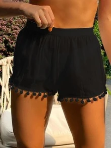 1pc Black Pom Pom Decor Beach Cover Up Short - Black - View 2