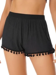 1pc Black Pom Pom Decor Beach Cover Up Short - Black - View 3