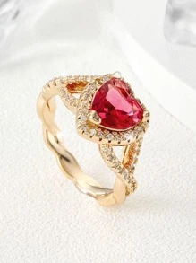 1入組魅力四射方晶鋯石愛心裝飾戒指適合女士日常裝飾 - 玫紅色 - 查看 2