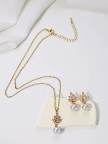 3入組/套方晶鋯石和人造珍珠裝飾首飾套裝 - 金黃色 - 查看 2