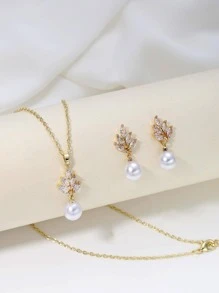 3入組/套方晶鋯石和人造珍珠裝飾首飾套裝 - 金黃色 - 查看 1