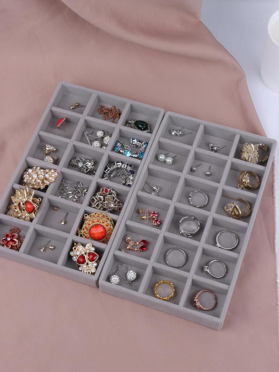 18格雪紡珠寶托盤珠寶盒展示架,適用於戒指、耳環、耳釘等 - 灰色 - 查看 1
