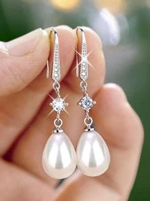 1 Pair Copper-Tone Faux Pearl Teardrop Earrings, Suitable For Women's Daily Wear
