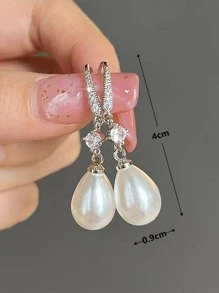 1 Pair Copper-Tone Faux Pearl Teardrop Earrings, Suitable For Women's Daily Wear