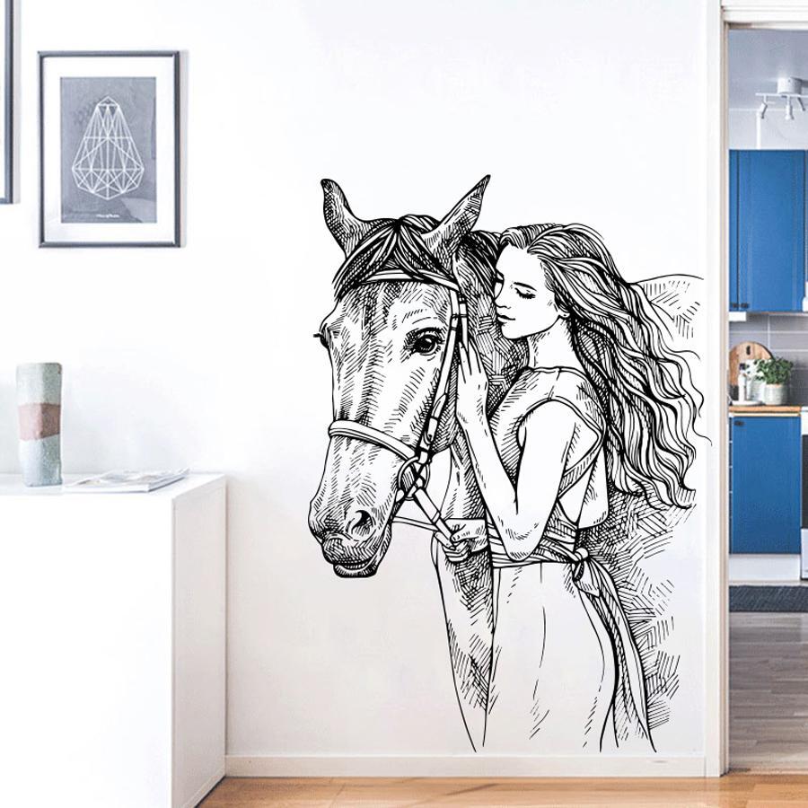 Bộ 2 miếng dán tường họa tiết ngựa, miếng dán tường PVC tự dính hiện đại, miếng dán cửa sổ, dùng để trang trí nhà cửa, miếng dán, miếng dán tường, miếng dán vinyl dùng để trang trí nhà cửa, vật dụng trang trí mùa xuân làm mới ngôi nhà của bạn, miếng dán trang trí Rama quà tặng sinh nhật tốt nghiệp - Đen và trắng - Xem 1