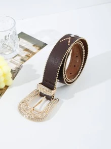 Random Color Rhinestone Decor Geo Buckle Belt - Coffee Brown - View 1