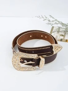 Random Color Rhinestone Decor Geo Buckle Belt - Coffee Brown - View 4