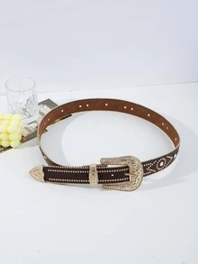 Random Color Rhinestone Decor Geo Buckle Belt - Coffee Brown - View 3