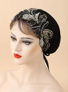 1 chiếc khăn trùm đầu nữ trang trí hạt cườm và lá cây, thích hợp sử dụng hàng ngày, kiểu mũ trùm tóc, khăn xếp, quà tặng ngày Valentine hoặc mũ ngủ. - màu đen - Xem 1