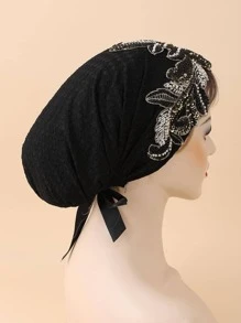1 chiếc khăn trùm đầu nữ trang trí hạt cườm và lá cây, thích hợp sử dụng hàng ngày, kiểu mũ trùm tóc, khăn xếp, quà tặng ngày Valentine hoặc mũ ngủ. - màu đen - Xem 2