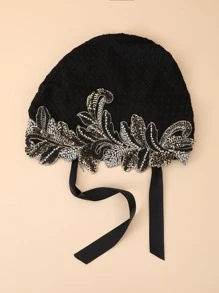 1 chiếc khăn trùm đầu nữ trang trí hạt cườm và lá cây, thích hợp sử dụng hàng ngày, kiểu mũ trùm tóc, khăn xếp, quà tặng ngày Valentine hoặc mũ ngủ. - màu đen - Xem 3