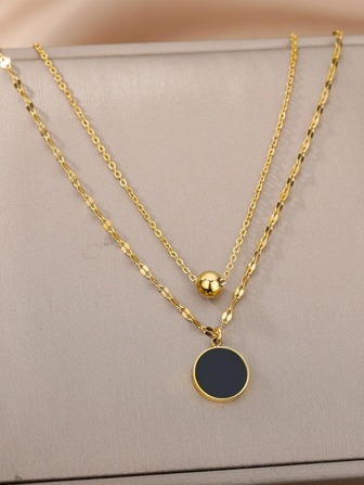 1pc Fashion Stainless Steel Round Layered Pendant Necklace For Women For Daily Life