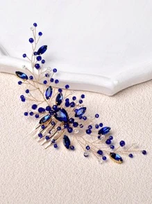 1件女士优雅手工仿珍珠合金叶子发梳，新娘头饰，适合婚礼、派对、情人节等场合佩戴 - 藍色 - 查看 1