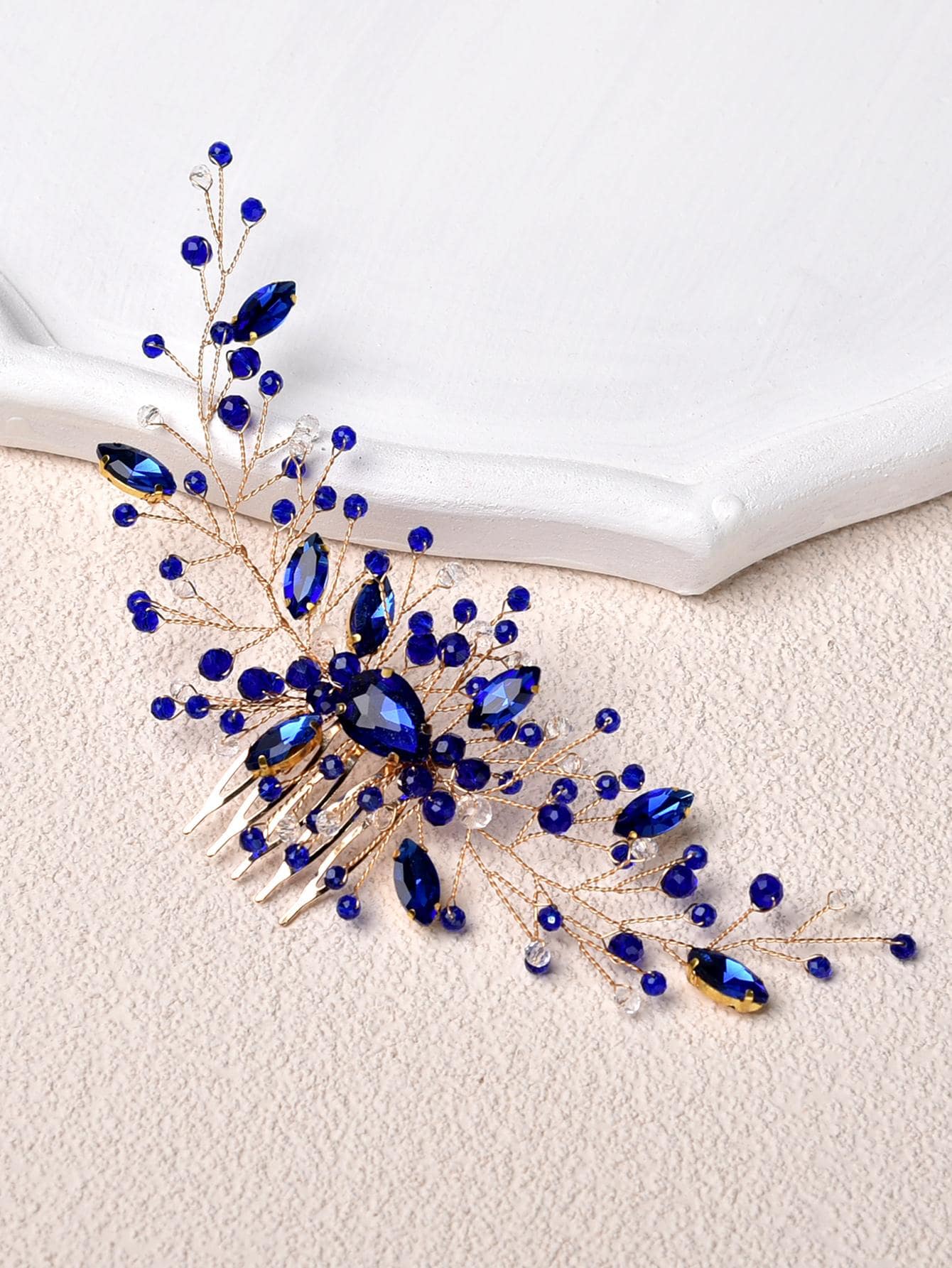 1件女士优雅手工仿珍珠合金叶子发梳，新娘头饰，适合婚礼、派对、情人节等场合佩戴 - 藍色 - 查看 1