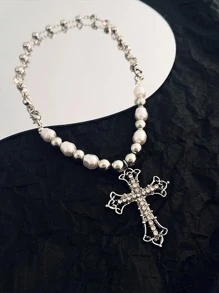 1pc Silver Cross Necklace Gothic Choker For Women - Silver - View 2