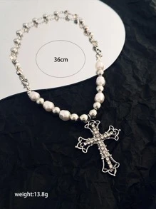 1pc Silver Cross Necklace Gothic Choker For Women - Silver - View 5