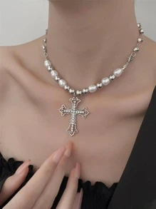 1pc Silver Cross Necklace Gothic Choker For Women - Silver - View 4