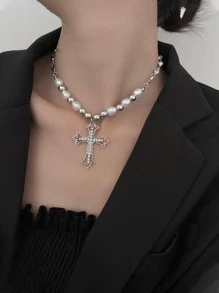 1pc Silver Cross Necklace Gothic Choker For Women - Silver - View 1