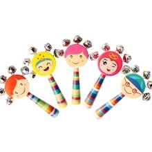 1入組隨機木製撥浪鼓，可愛卡通人物圖形鈴鐺裝飾兒童敲擊樂器 - 彩色 - 查看 4