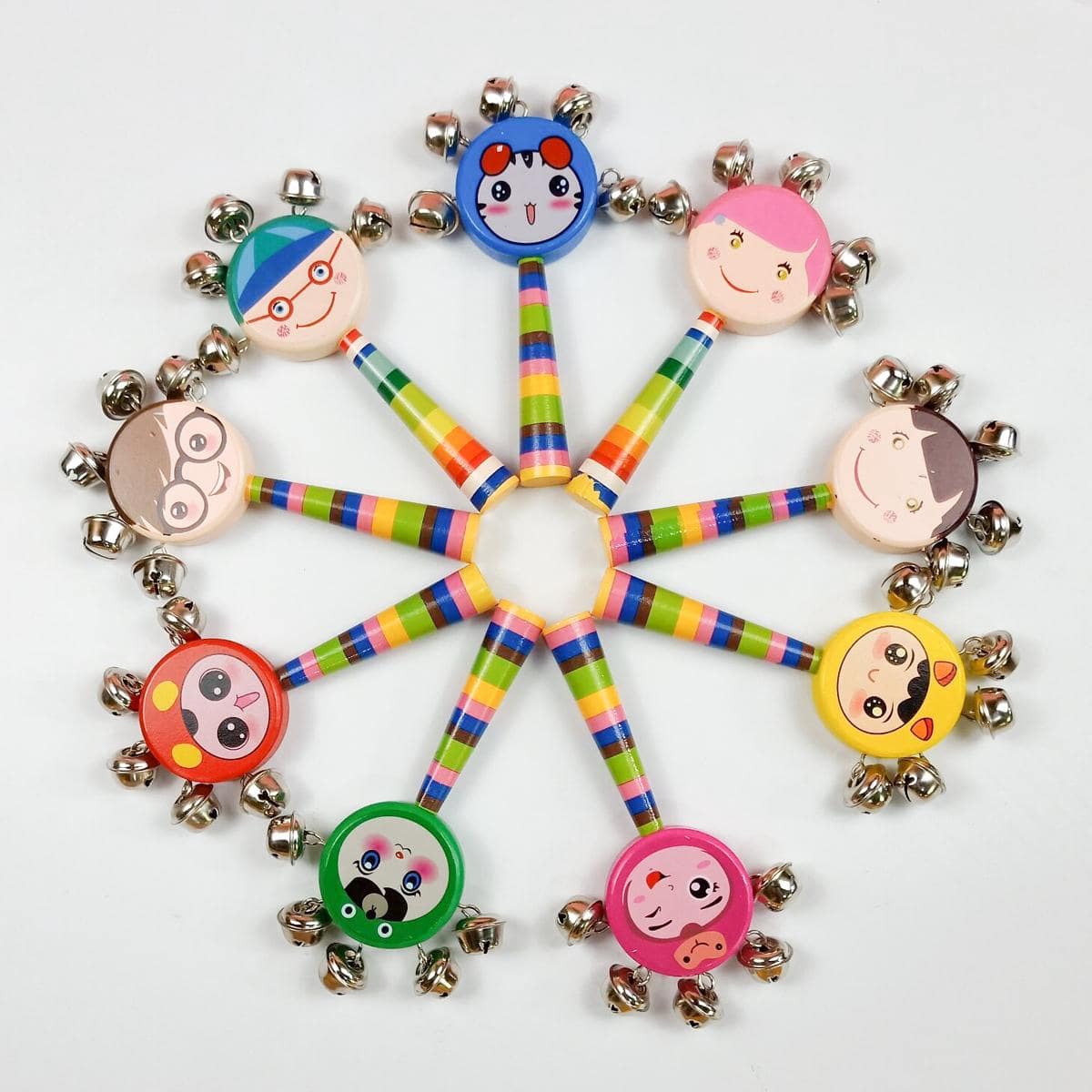 1入組隨機木製撥浪鼓，可愛卡通人物圖形鈴鐺裝飾兒童敲擊樂器 - 彩色 - 查看 1