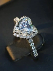 1枚浪漫心形立方氧化锆戒指，女士情人节礼物，适合婚礼、订婚、周年纪念、派对和其他场合 - 銀色 - 查看 5