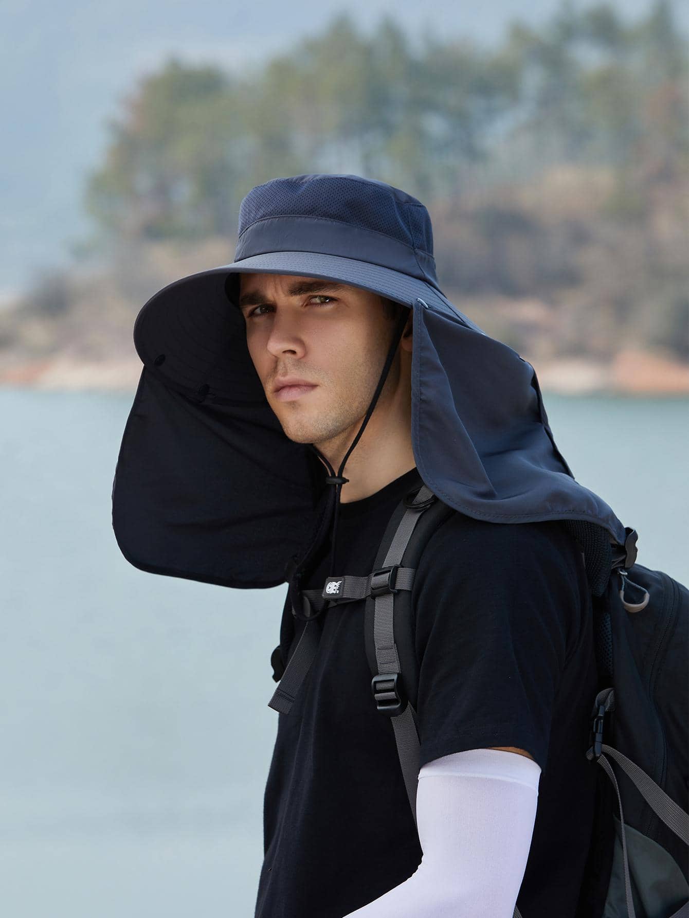 1pc Men's Breathable Sun Protection Hat With Detachable Neck Flap