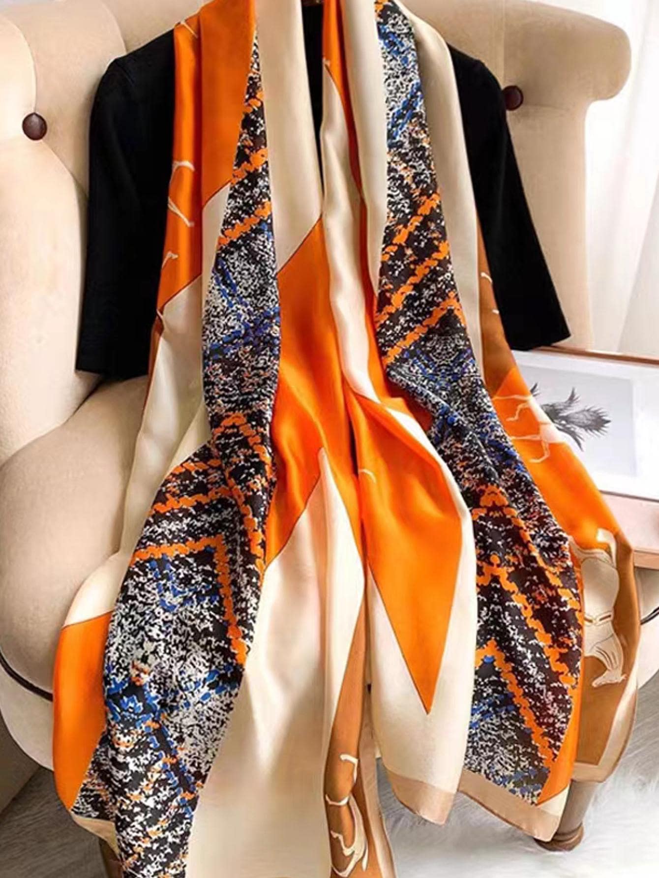 幾何圖案圍巾 - 橘色 - 查看 1