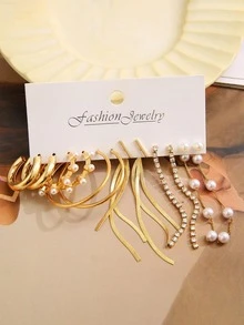 6 cặp/bộ Đúng mốt Đồ trang trí Rhinestone & Faux Pearl  Bộ bông tai Đối với phụ nữ Cho bữa tiệc , Tinh tế Ngày lễ tình nhân Qủa tặng - Vàng - Xem 3