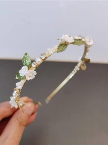 1 件女士仿珍珠和花朵装饰时尚头带，用于头发装饰优雅发箍