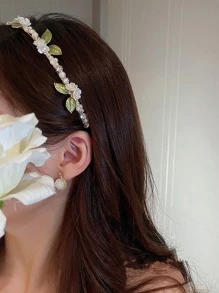 1 件女士仿珍珠和花朵装饰时尚头带，用于头发装饰优雅发箍