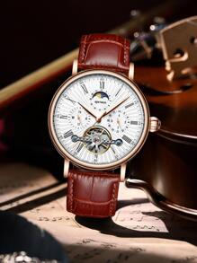 KINYUED 1入組棕色PU聚氨酯帶時尚圓形錶盤機械手表,適用於日常生活