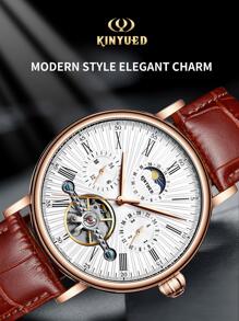 KINYUED 1入組棕色PU聚氨酯帶時尚圓形錶盤機械手表,適用於日常生活