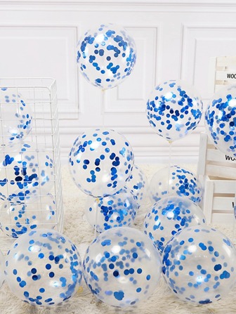 12pcs Sequin Decor Balloon, Blue Metallic Latex Balloon For Party,