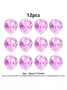12pcs Sequin Decor Balloon, Hot Pink Metallic Latex Balloon For Party, - Hot Pink - View 4