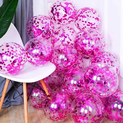 12pcs Sequin Decor Balloon, Hot Pink Metallic Latex Balloon For Party,
