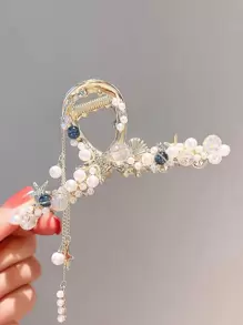 1 件女士扇贝和仿珍珠装饰时尚发夹用于头发装饰优雅头饰、发饰、爪夹、发夹、发夹秋冬发夹适合度假装女士 - 白色 - 查看 3