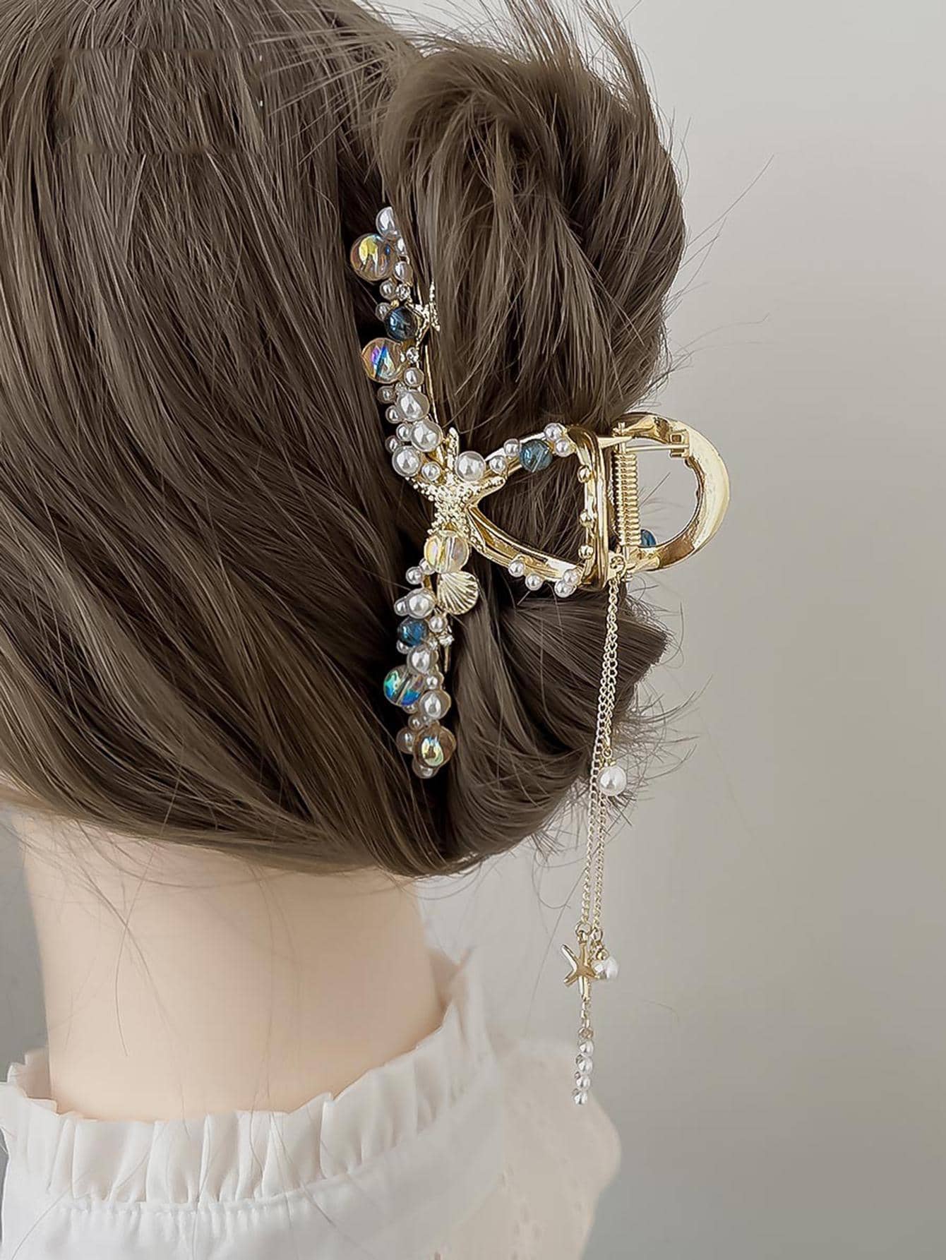 1 件女士扇贝和仿珍珠装饰时尚发夹用于头发装饰优雅头饰、发饰、爪夹、发夹、发夹秋冬发夹适合度假装女士 - 白色 - 查看 1