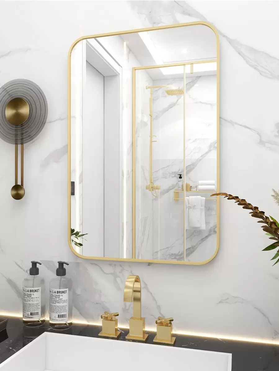 Gương trang điểm Gương treo tường Góc bo tròn Gương trang điểm treo tường Trang trí phòng Gương cho phòng Trang trí nhà Trang trí phòng tắm Trang trí phòng khách - Vàng - Xem 1