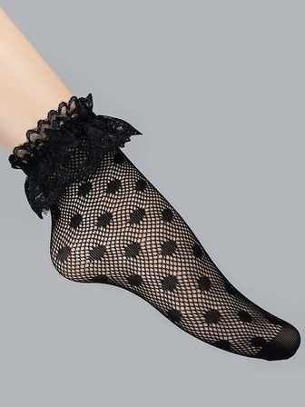 1對女士花邊褶邊裝飾休閒漁網中筒襪日常裝飾