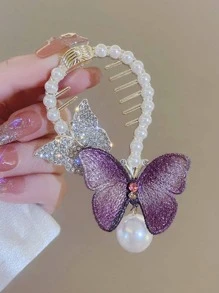 1 Stück Damen Haarspange mit Schmetterlings und Kunstperlendekor, modische Haarspange für Party - Verschiedenfarbig - Übersicht 2