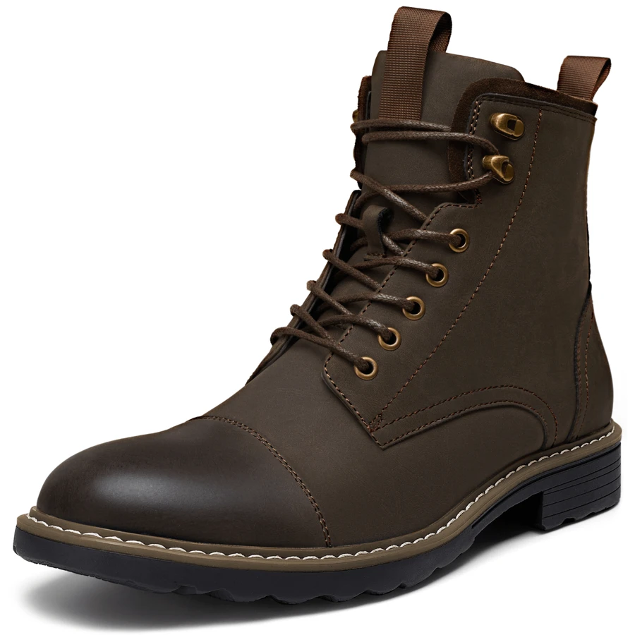 SHOESMALL Men's Fashion Waterproof Motorcycle Boots Zipper Casual Boots Chukka PU Leather Brown Boots - 鏽棕色 - 查看 1