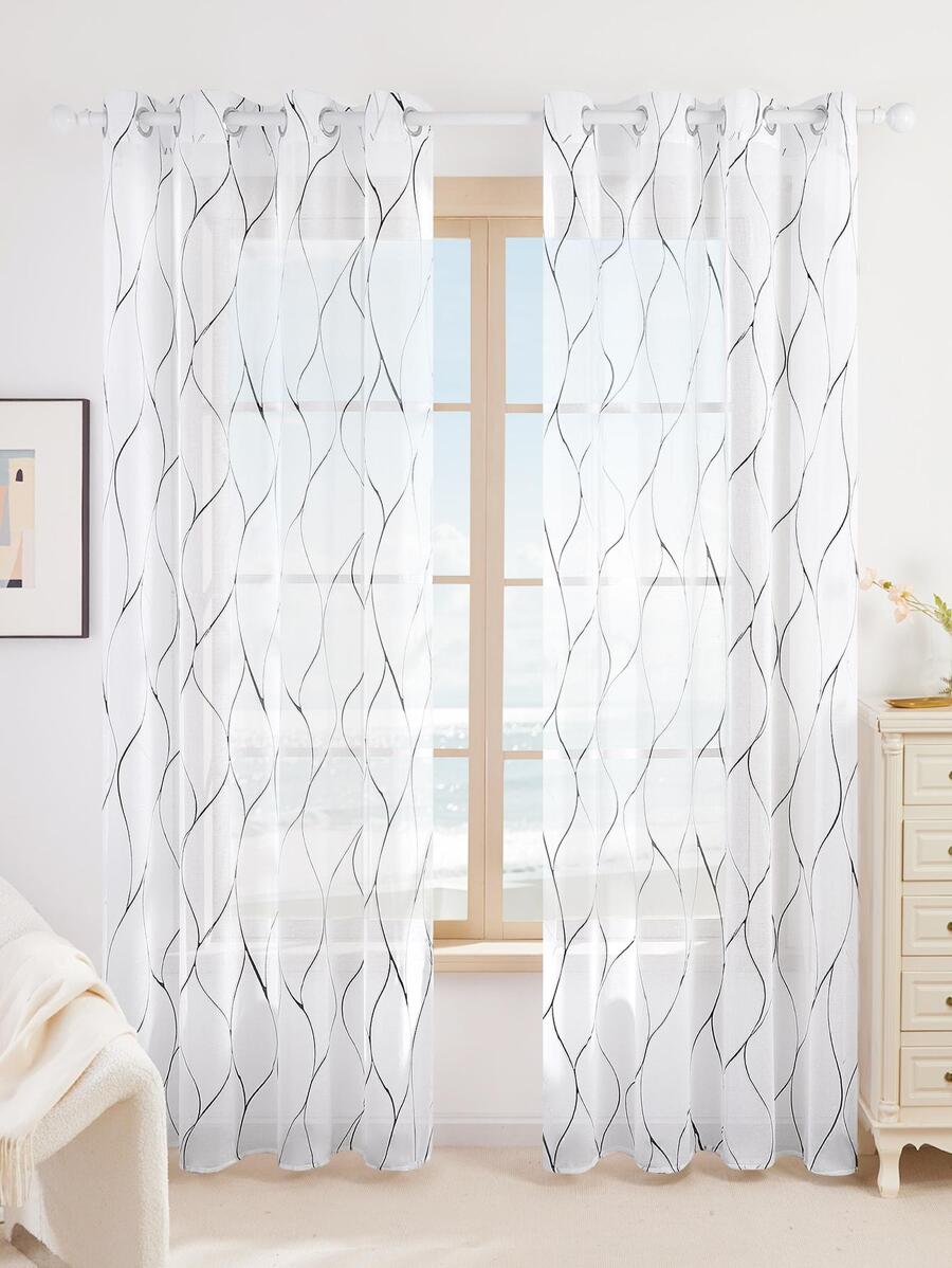 2 Pcs Sheer Voile Line Grommet Curtain Pair SHEIN USA