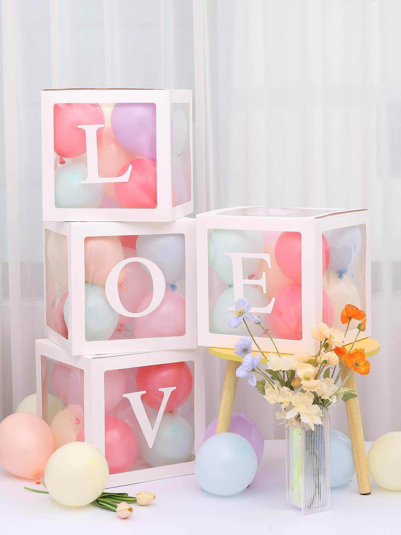 4pcs Simple Solid Color Balloon Box, White Transparent Letter Graphic Balloon Decorative Box For Party - White - View 1