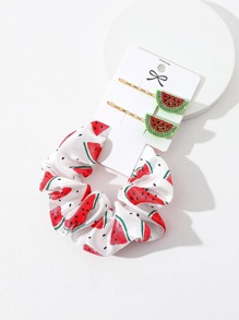 3pcs Women Rhinestone Watermelon Decor Fashionable Hair Accessory Set For Hair Decoration Strawberry, School Stuff, Gifts - Green - View 1