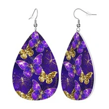 1入組時尚PU聚氨酯蝴蝶圖案水滴懸垂耳環適合女士適用於日常生活 - 紫色 - 查看 5