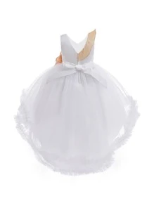 Trang phục tiệc cho bé gái Tương phản Mesh Cao thấp Nơ bướm lớn Nơ trước Khối Màu - trắng - Xem 2