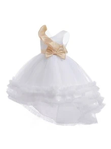 Trang phục tiệc cho bé gái Tương phản Mesh Cao thấp Nơ bướm lớn Nơ trước Khối Màu - trắng - Xem 1
