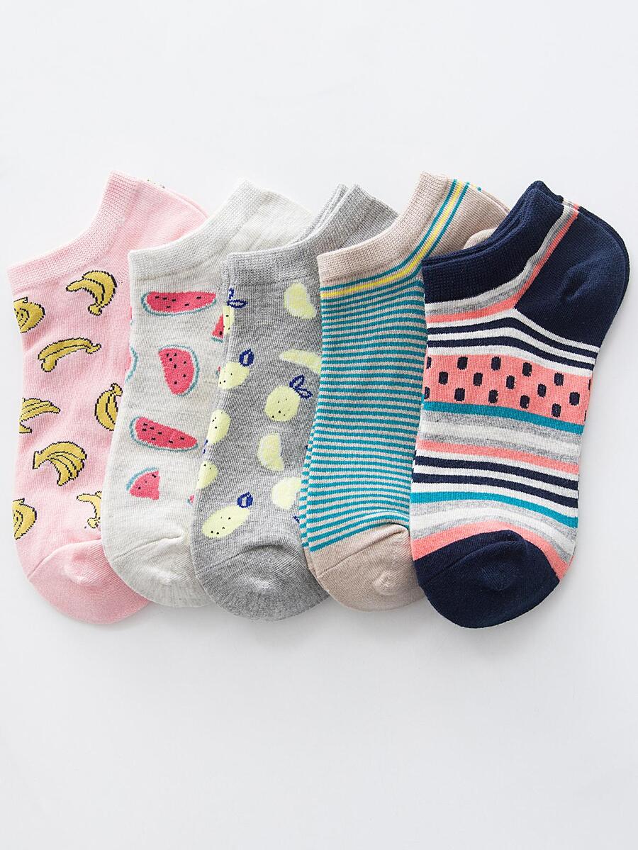 5雙女士西瓜和條紋圖案休閒船襪日常裝飾 - 彩色 - 查看 1