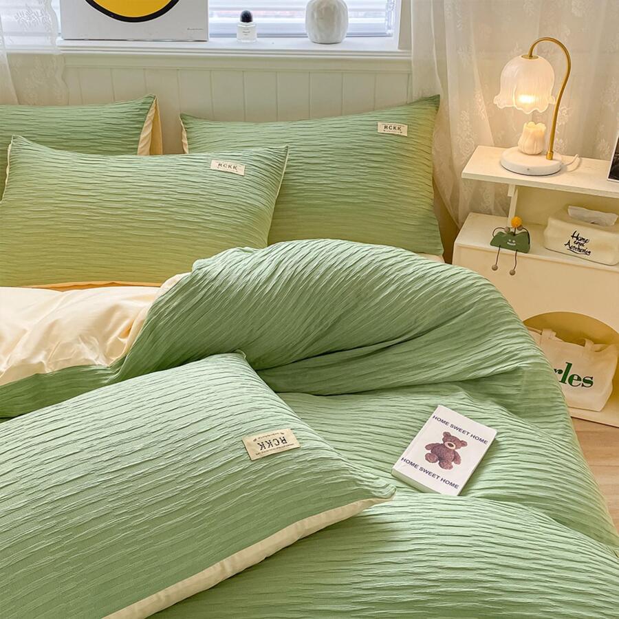 4入組套貼花細節泡泡紗被套，1入組被套和1入組床單和2入組枕芯，不含枕芯，綠色滌綸床上用品套裝，適用於臥室 - 綠色 - 查看 1